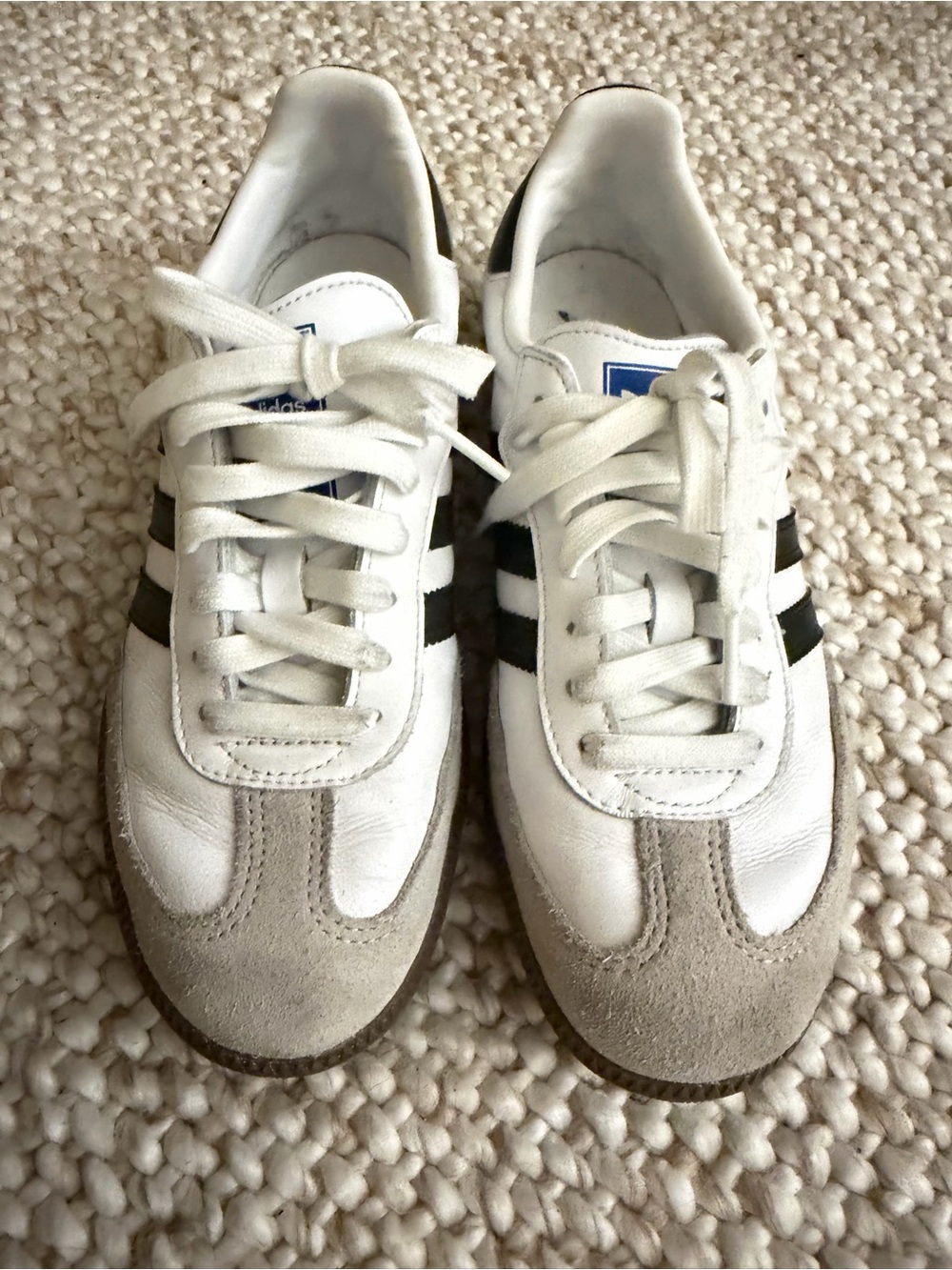 adidas Kids White Sneakers with Black Stripes and Gray Suede